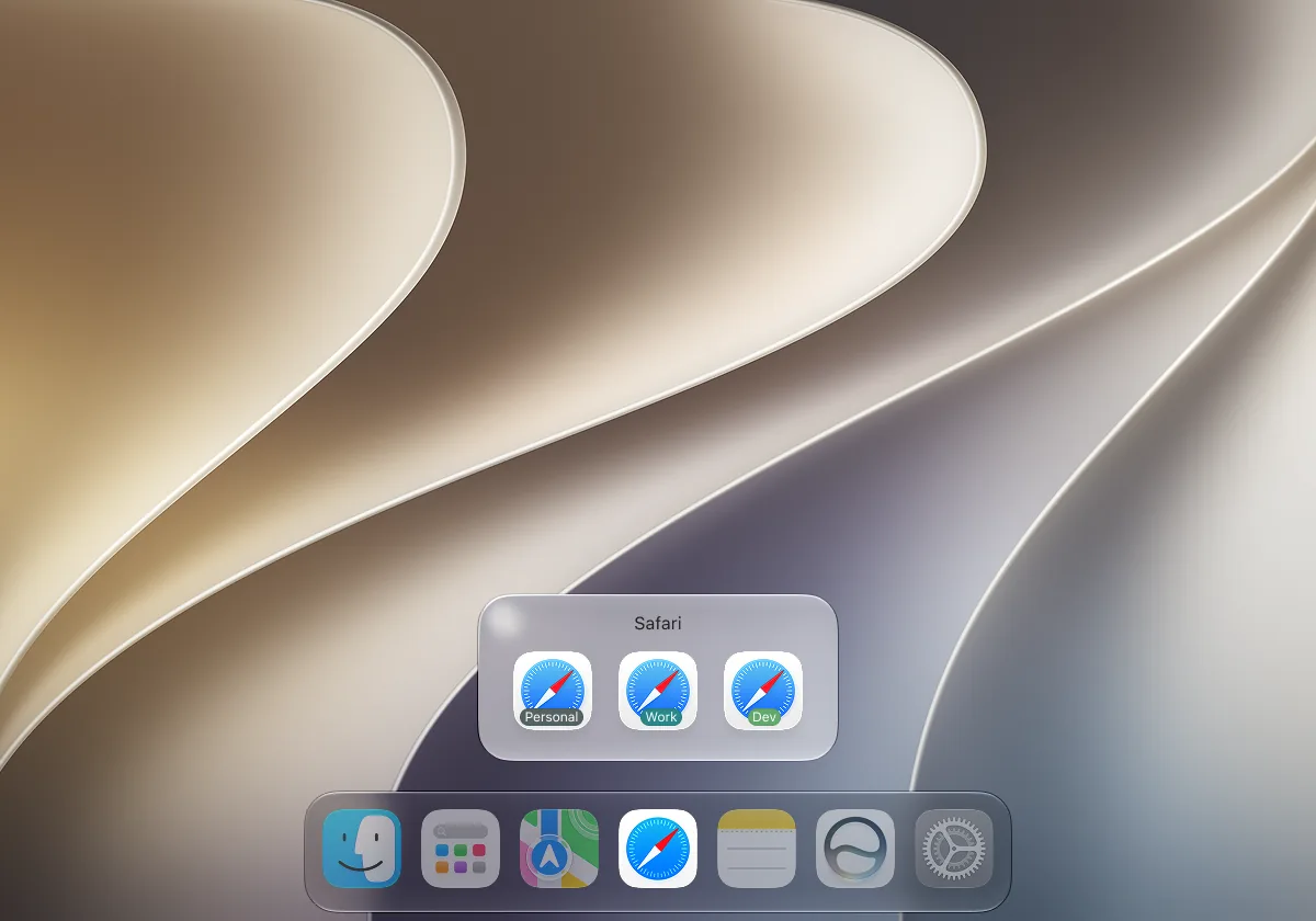 DockSpark profile switcher panel above a browser icon in the macOS Dock